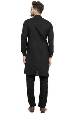 Designer Black Linen Kurta With Black Aligarh Pyjama For Men By Treemoda 4