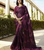 Purple Printed Brocade Silk Saree With Blouse