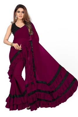 Dark Wine Plain Georgette Saree With Blouse 1