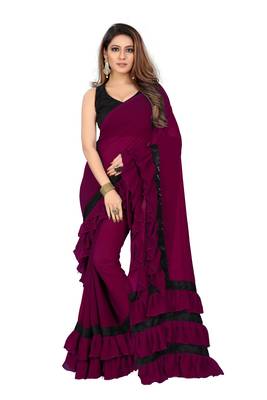 Dark Wine Plain Georgette Saree With Blouse 2