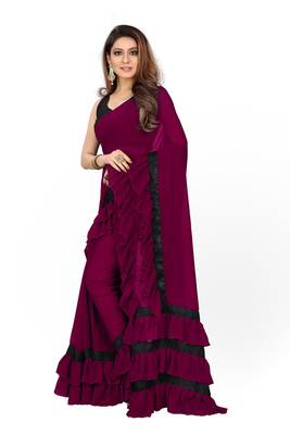 Dark Wine Plain Georgette Saree With Blouse 3