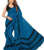 Dark sky blue plain georgette saree with blouse