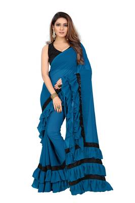 Dark sky blue plain georgette saree with blouse 2