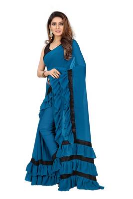 Dark sky blue plain georgette saree with blouse 3