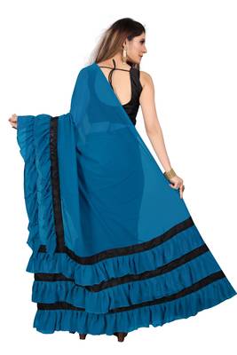 Dark sky blue plain georgette saree with blouse 5