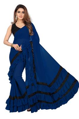 Blue plain georgette saree with blouse 1