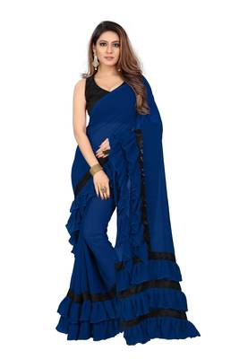 Blue plain georgette saree with blouse 2
