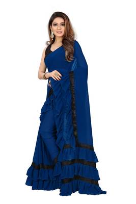 Blue plain georgette saree with blouse 3