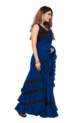 Blue plain georgette saree with blouse 4