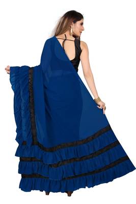 Blue plain georgette saree with blouse 5