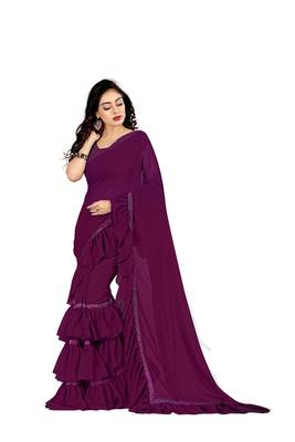 Wine plain georgette saree with blouse 2