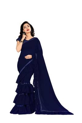 Blue plain georgette saree with blouse 1