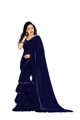 Blue plain georgette saree with blouse 2