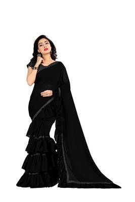 Black plain georgette saree with blouse 1