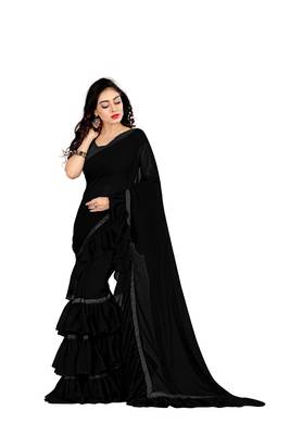 Black plain georgette saree with blouse 2