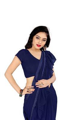Blue plain georgette saree with blouse 5