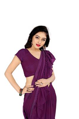 Wine plain georgette saree with blouse 5