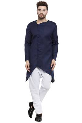 Designer Navy Blue Linen Kurta With Aligarh Pyjama For Men By Treemoda 1