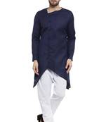 Designer Navy Blue Linen Kurta With Aligarh Pyjama For Men By Treemoda