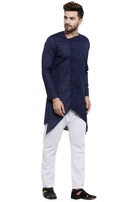 Designer Navy Blue Linen Kurta With Aligarh Pyjama For Men By Treemoda 2