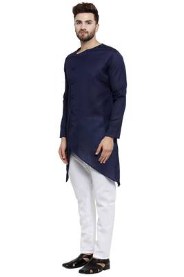 Designer Navy Blue Linen Kurta With Aligarh Pyjama For Men By Treemoda 3