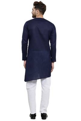 Designer Navy Blue Linen Kurta With Aligarh Pyjama For Men By Treemoda 4