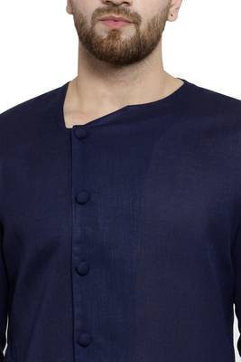 Designer Navy Blue Linen Kurta With Aligarh Pyjama For Men By Treemoda 5
