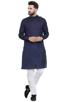 Designer Navy Blue Linen Kurta With Aligarh Pyjama For Men By Treemoda 1