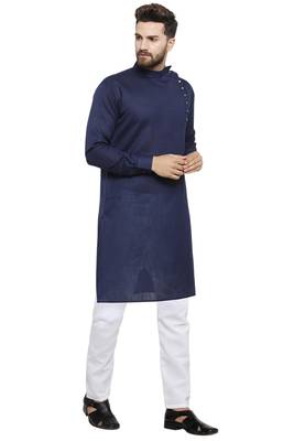 Designer Navy Blue Linen Kurta With Aligarh Pyjama For Men By Treemoda 2