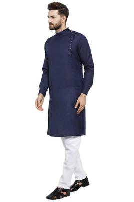 Designer Navy Blue Linen Kurta With Aligarh Pyjama For Men By Treemoda 3
