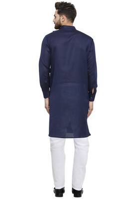 Designer Navy Blue Linen Kurta With Aligarh Pyjama For Men By Treemoda 5