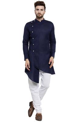 Designer Navy Blue Linen Kurta With Churidar Pyjama For Men By Treemoda 1