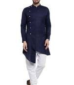 Designer Navy Blue Linen Kurta With Churidar Pyjama For Men By Treemoda