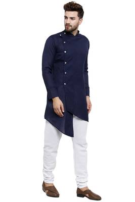 Designer Navy Blue Linen Kurta With Churidar Pyjama For Men By Treemoda 4