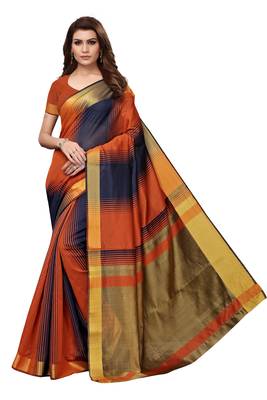 Brown Printed Cotton Silk Saree With Blouse 1