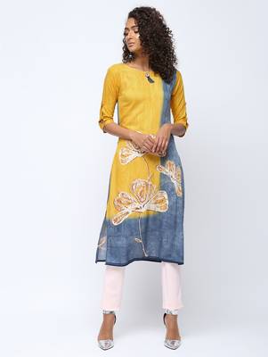 Yellow printed rayon kurti 1