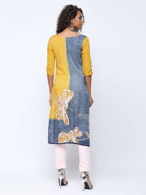 Yellow printed rayon kurti 2
