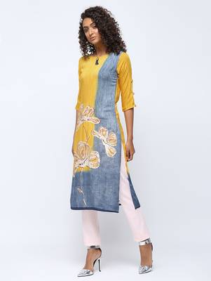 Yellow printed rayon kurti 3
