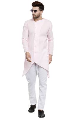 Designer Pink Linen Kurta With Aligarh Pyjama For Men By Treemoda 1