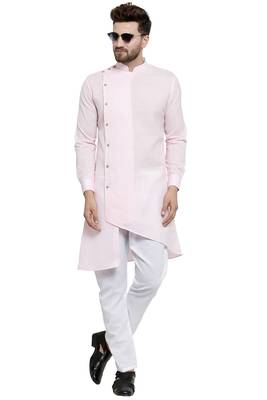Designer Pink Linen Kurta With Aligarh Pyjama For Men By Treemoda 1