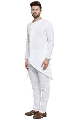 Designer White Linen Kurta With Aligarh Pyjama For Men By Treemoda 3