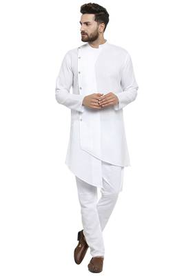 Designer White Linen Kurta With Aligarh Pyjama For Men By Treemoda 1