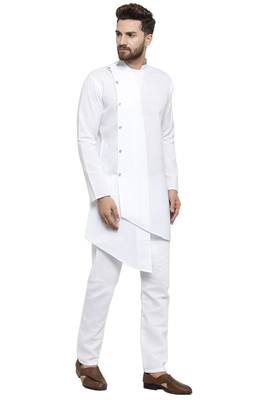Designer White Linen Kurta With Aligarh Pyjama For Men By Treemoda 3