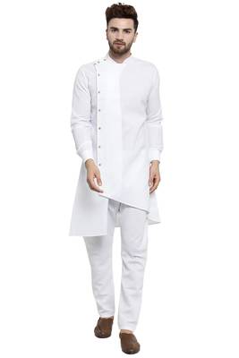 Designer White Linen Kurta With Aligarh Pyjama For Men By Treemoda 1