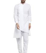 Designer White Linen Kurta With Aligarh Pyjama For Men By Treemoda