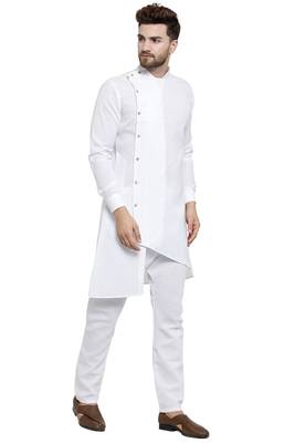 Designer White Linen Kurta With Aligarh Pyjama For Men By Treemoda 2