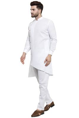 Designer White Linen Kurta With Aligarh Pyjama For Men By Treemoda 4
