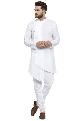 Designer White Linen Kurta With Churidar Pyjama For Men By Treemoda 1