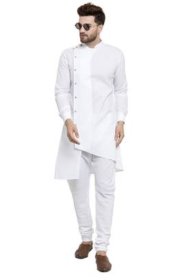 Designer White Linen Kurta With Churidar Pyjama For Men By Treemoda 1