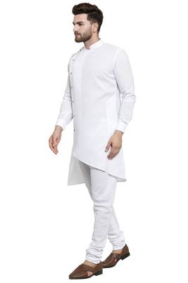 Designer White Linen Kurta With Churidar Pyjama For Men By Treemoda 3